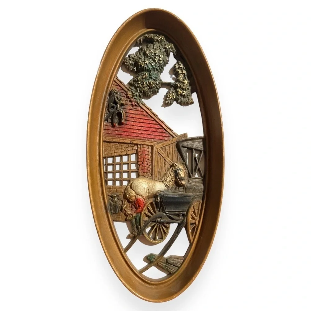 Vintage 1965 Burwood Wall Plaques Oval Cabin Farm Water Wheel USA LOT of 2 Decor
